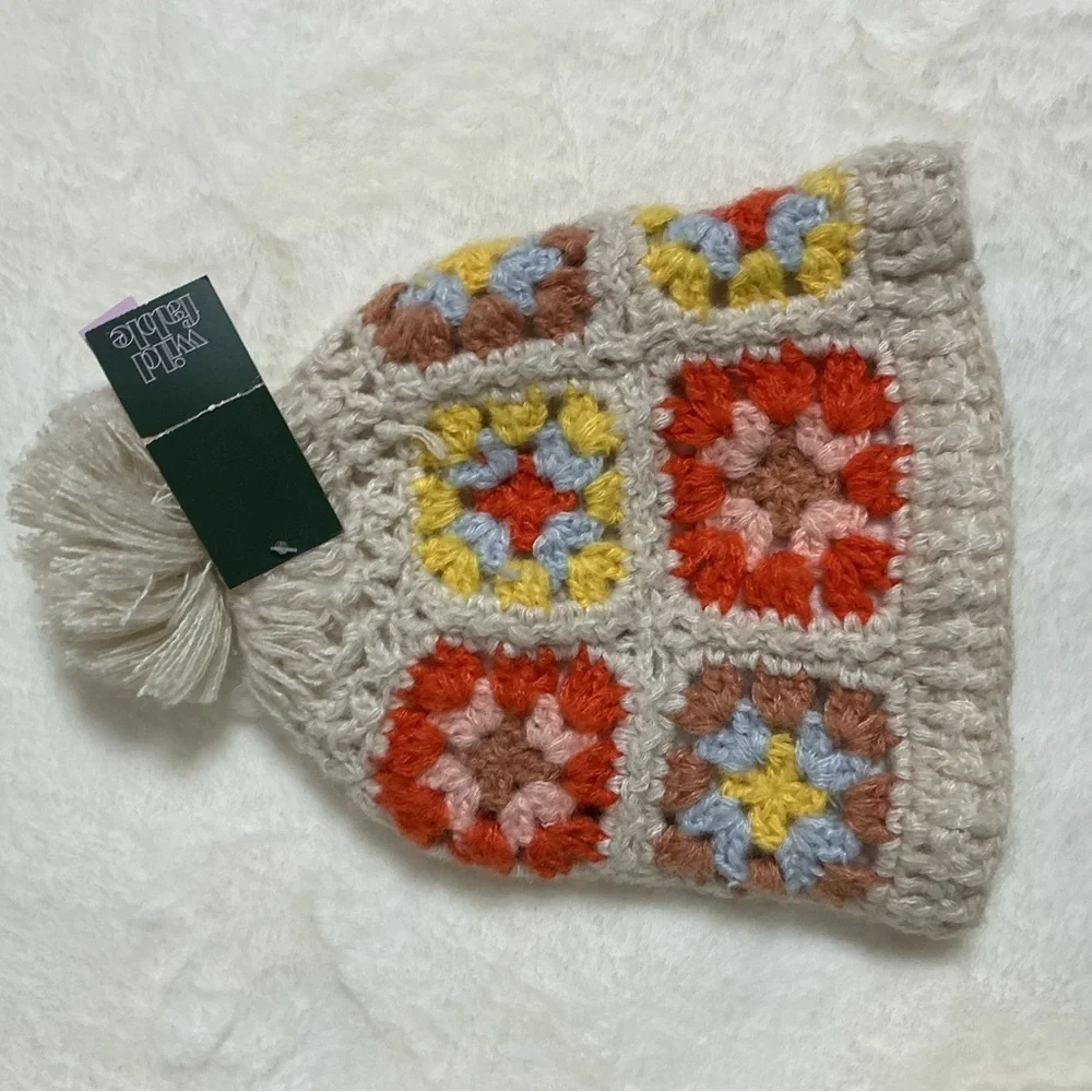 Red and Yellow Granny Square Hat with Pom-Pom